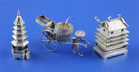 Early 20th century Chinese silver novelty mustard and pepper by Luen Hing, Shanghai, modelled as pagodas, pepper 3.25in.(-)